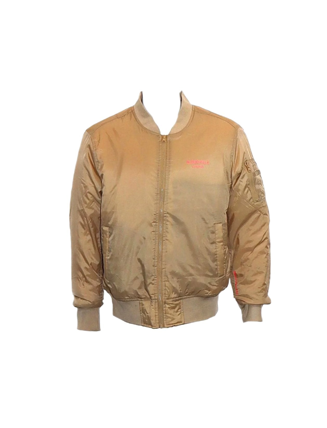 Beige Signature Bomber Jacket with Neon Red Emblem