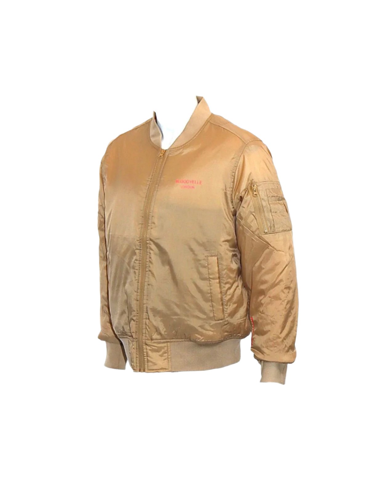 Beige Signature Bomber Jacket with Neon Red Emblem