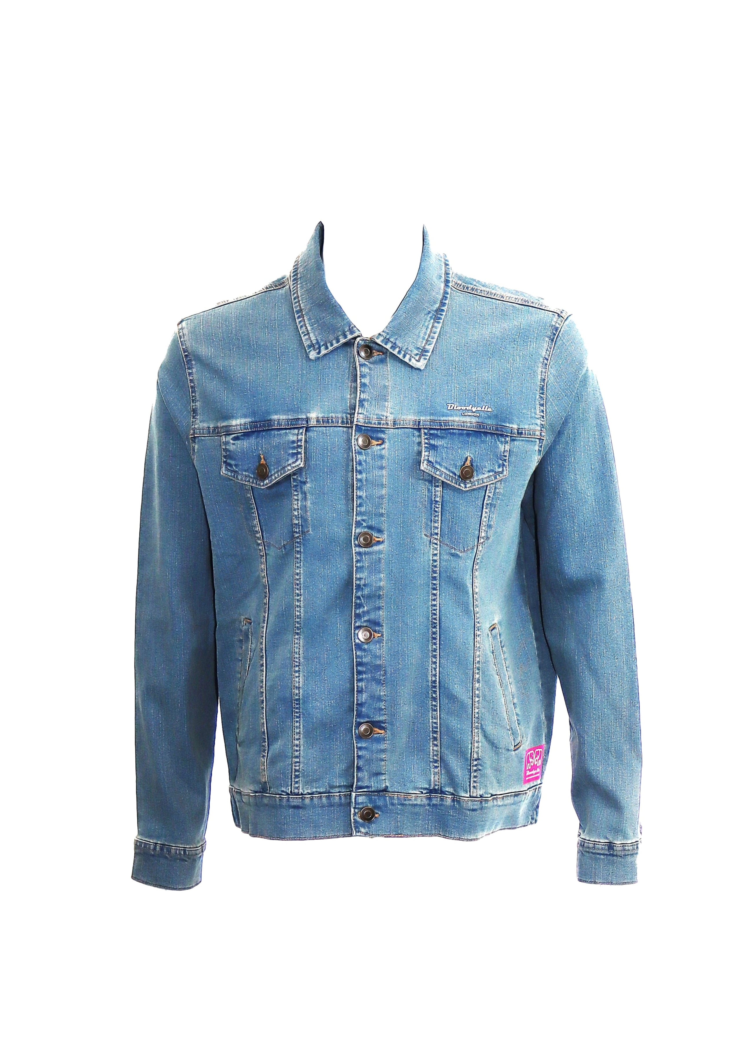 A blue denim jacket with a collar, long sleeves, and front pockets displayed against a white background.