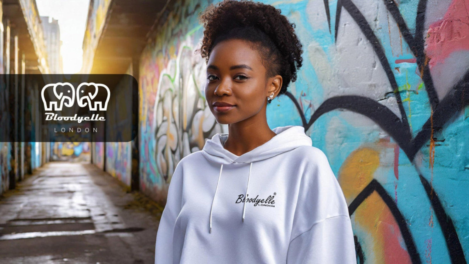 Woman wearing a white hoodie with a brand logo in front of a graffiti-covered wall.