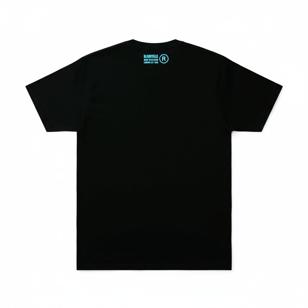 Elephant Box Outline Black with Neon Blue Flock Logo T-Shirt