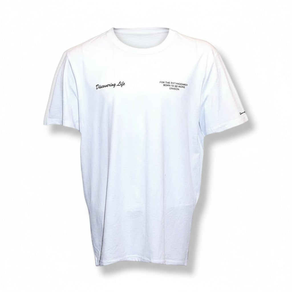 Discovering Life -Bloodyelle White T-Shirt with Black and Tiffany Blue Logo