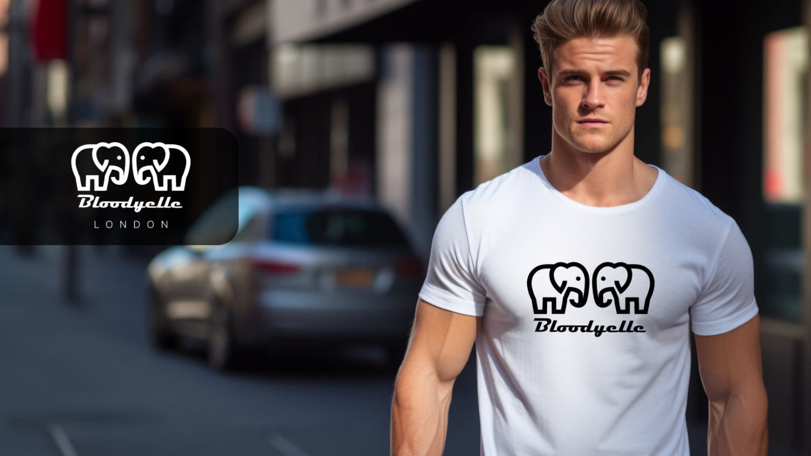 Man wearing a white t-shirt with a logo on a city street