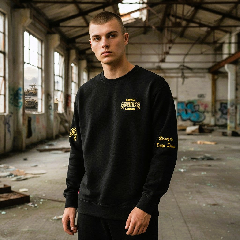 Black & Gold Oversized Streetwear Sweatshirt – Bold Graphic Crewneck