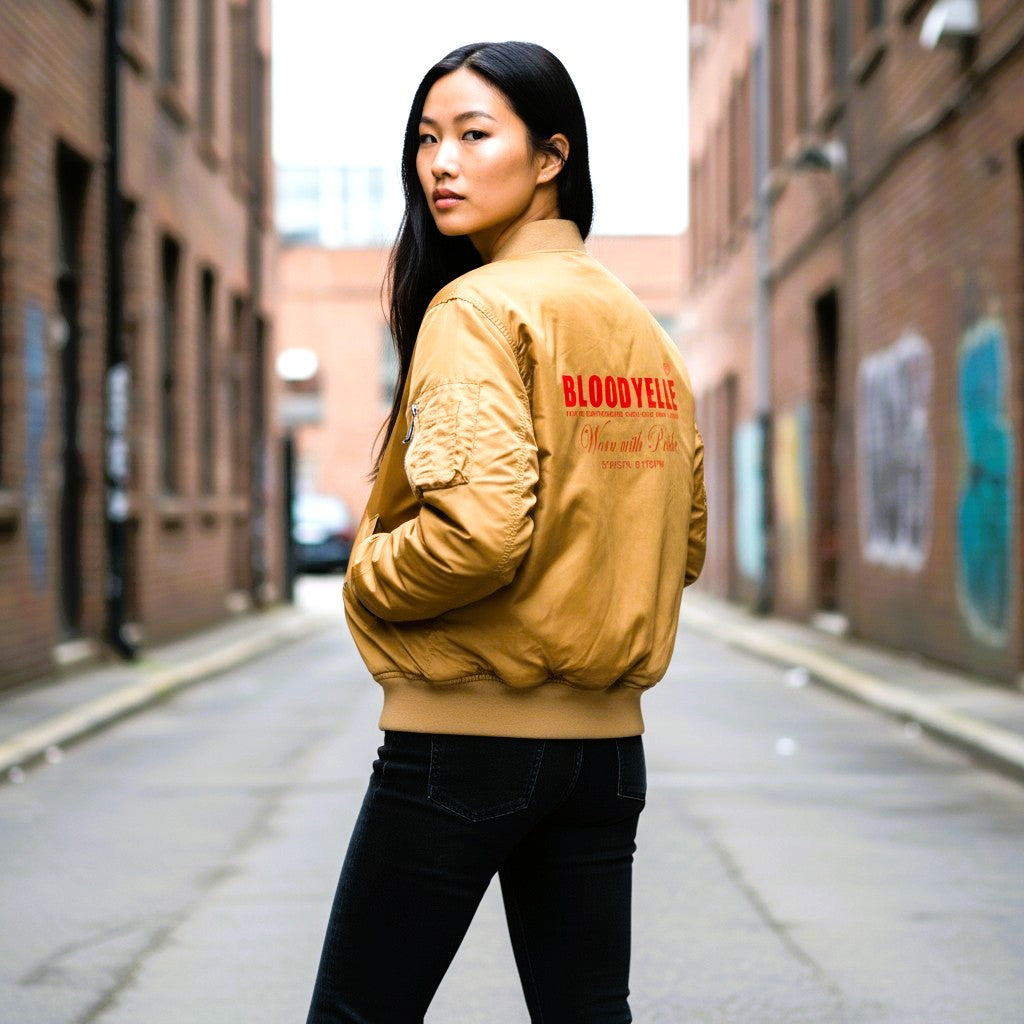 Beige Signature Bomber Jacket with Neon Red Emblem