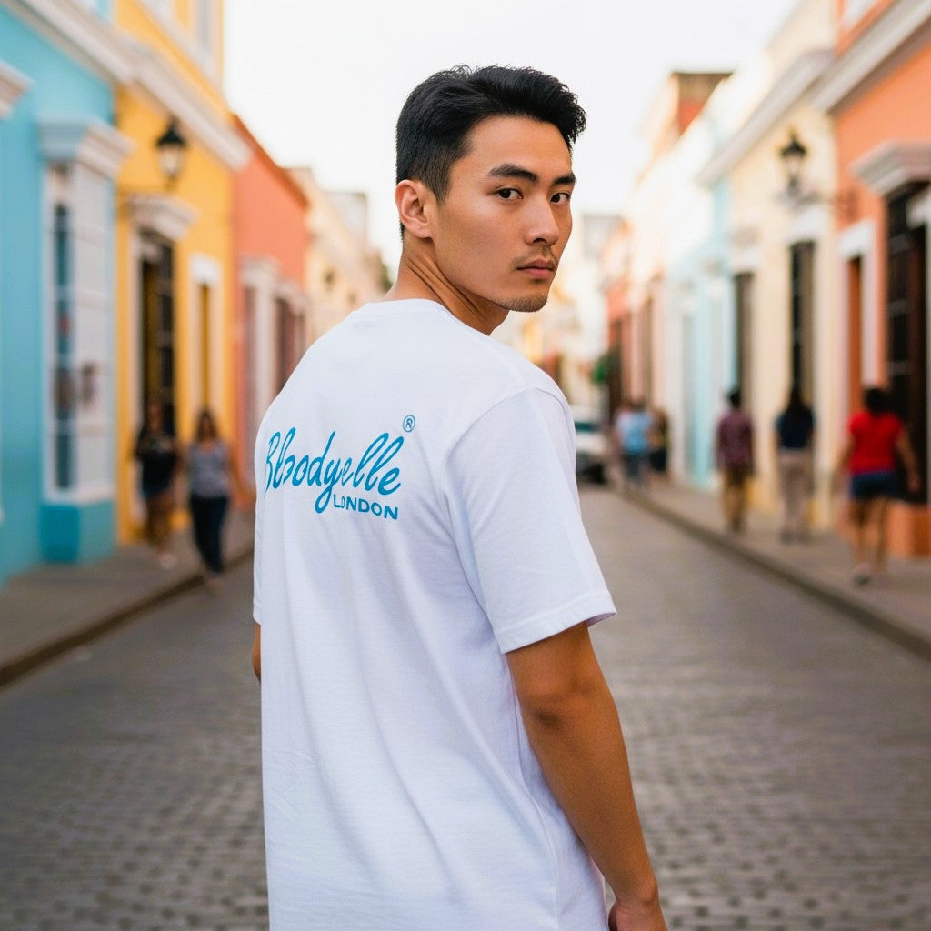 White with Neon Blue Flock Bloodyelle Signature T-Shirt