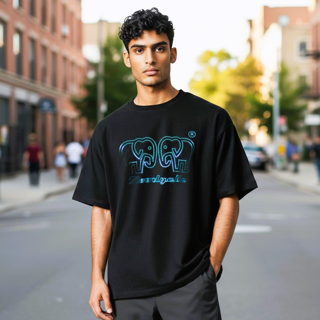 Black with Metallic Blue logo Elephant Dot T-Shirt