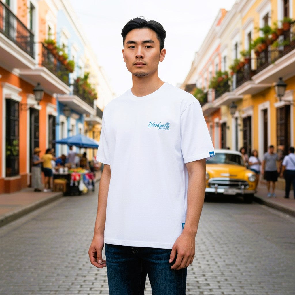 White with Neon Blue Flock Bloodyelle Signature T-Shirt