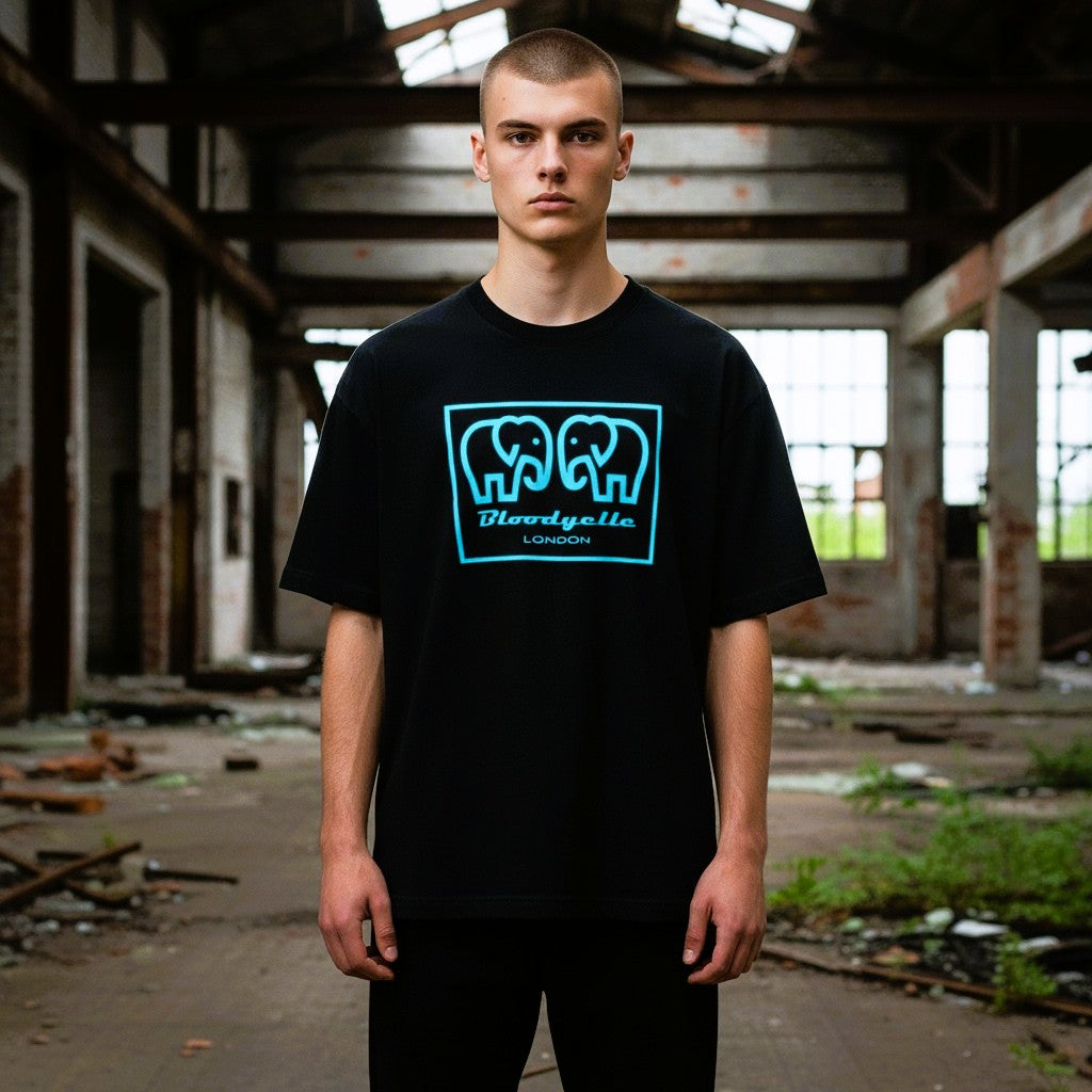 Elephant Box Outline Black with Neon Blue Flock Logo T-Shirt