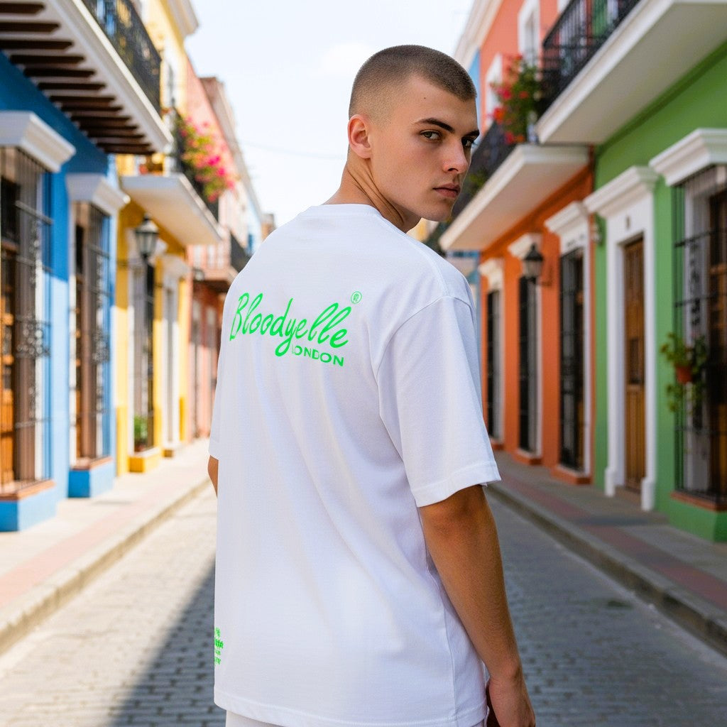 White and Neon Green Flock Bloodyelle Signature T-Shirt