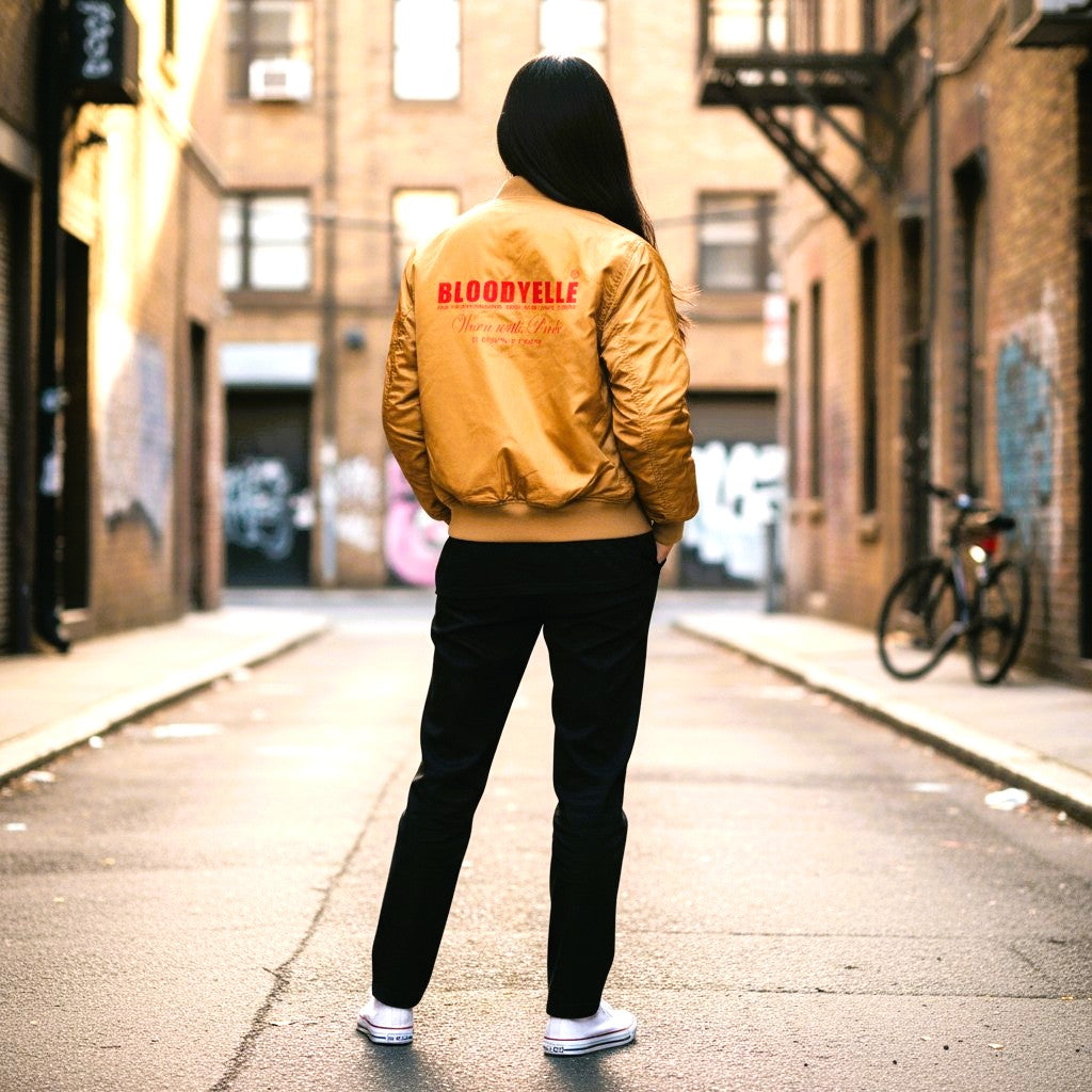 Beige Signature Bomber Jacket with Neon Red Emblem