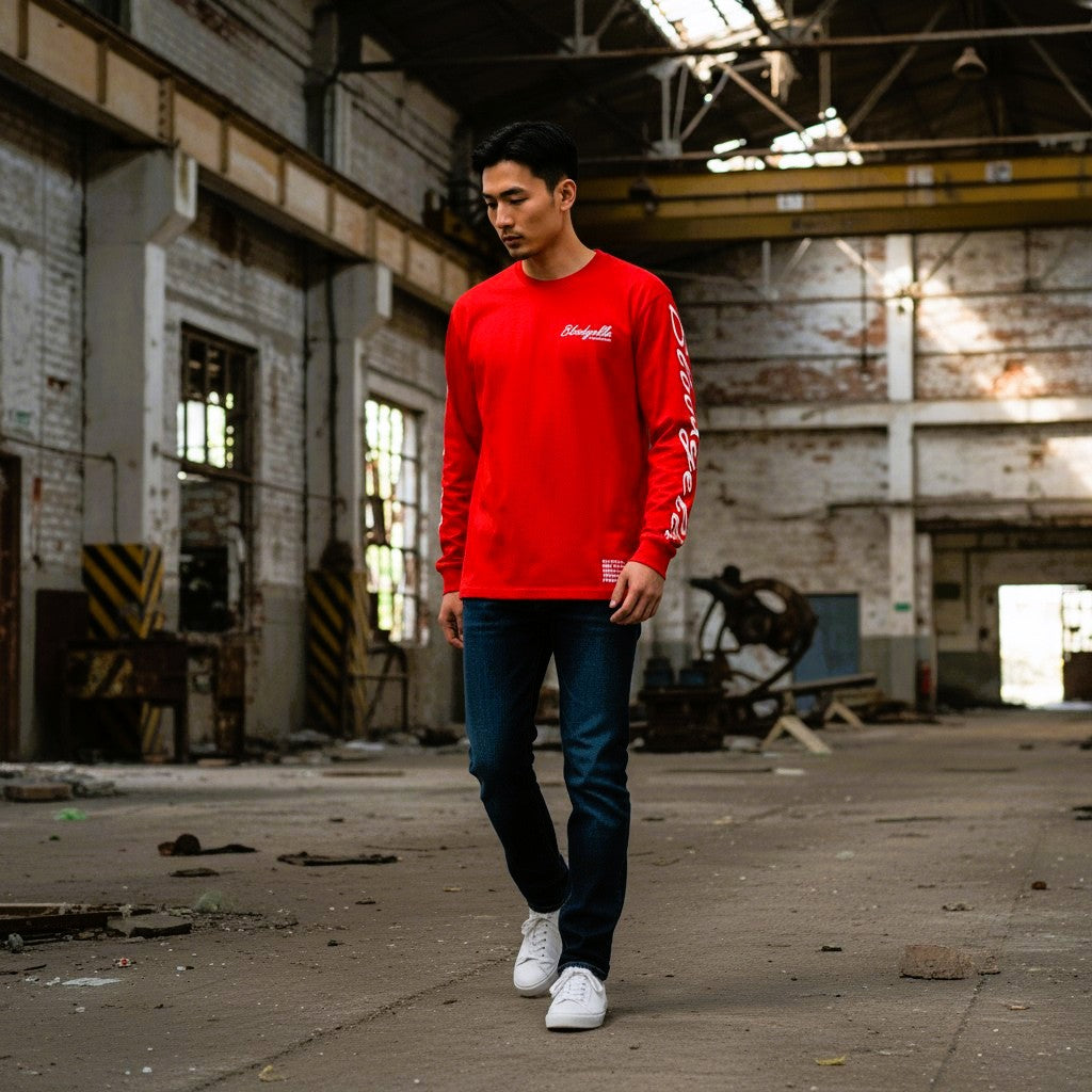 Red with Pale Gold Metallic Signature Long Sleeve T-Shirt