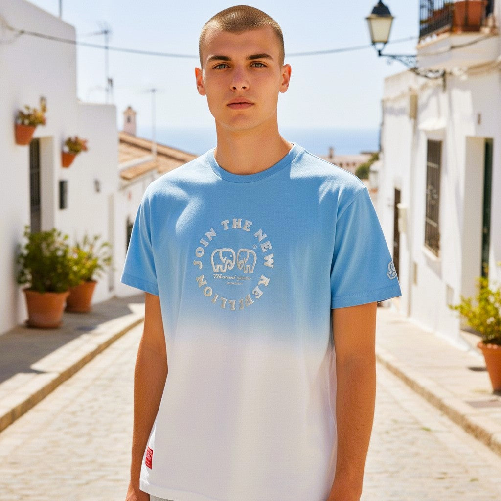 Medium Logo Aqua Blue and Silver Puff T-Shirt