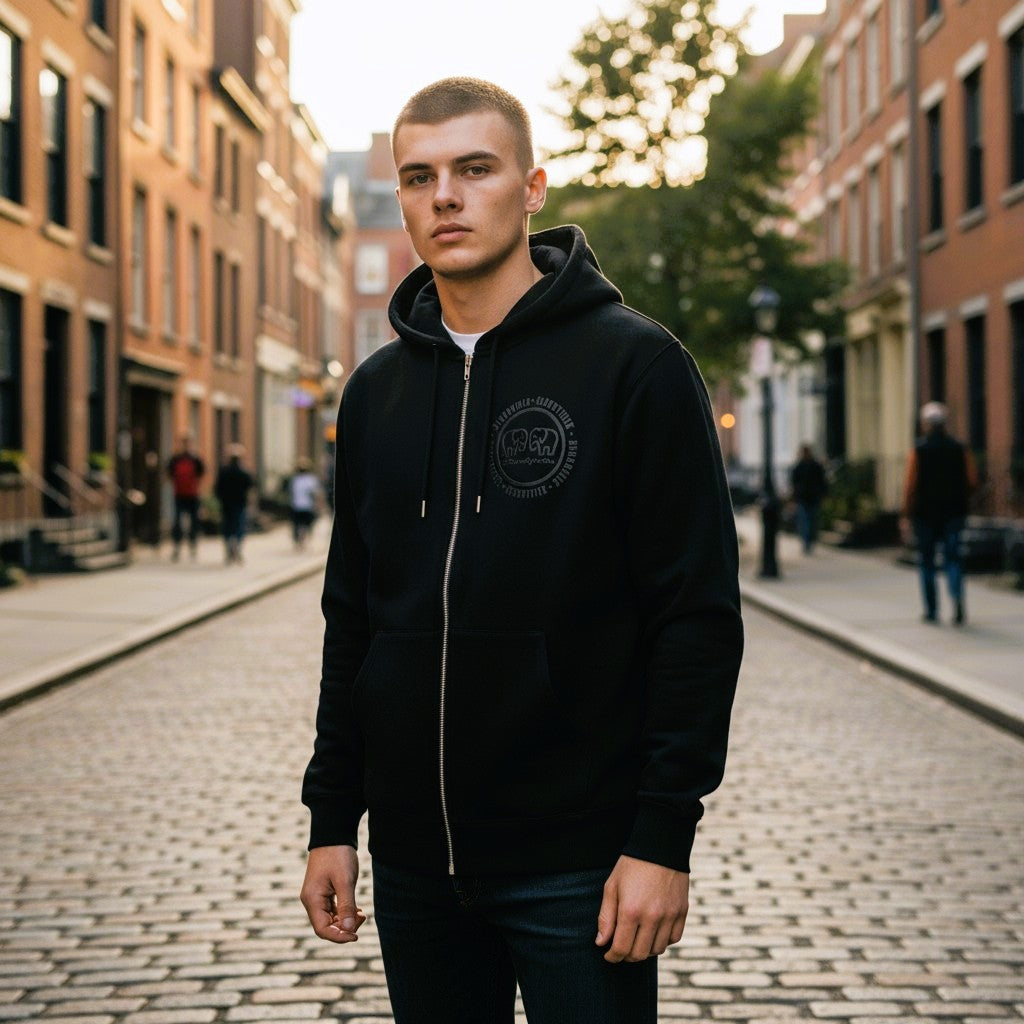Zip through Hoodie Black with Black Raised Emblem