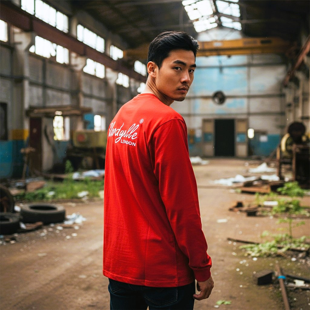 Red with Pale Gold Metallic Signature Long Sleeve T-Shirt