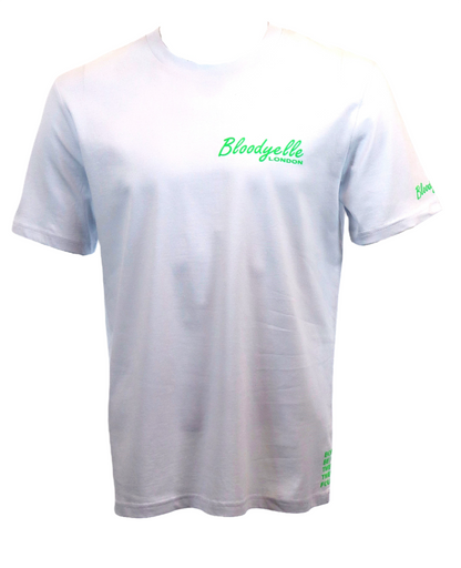 White and Neon Green Flock "Bloodyelle Signature" T-Shirt