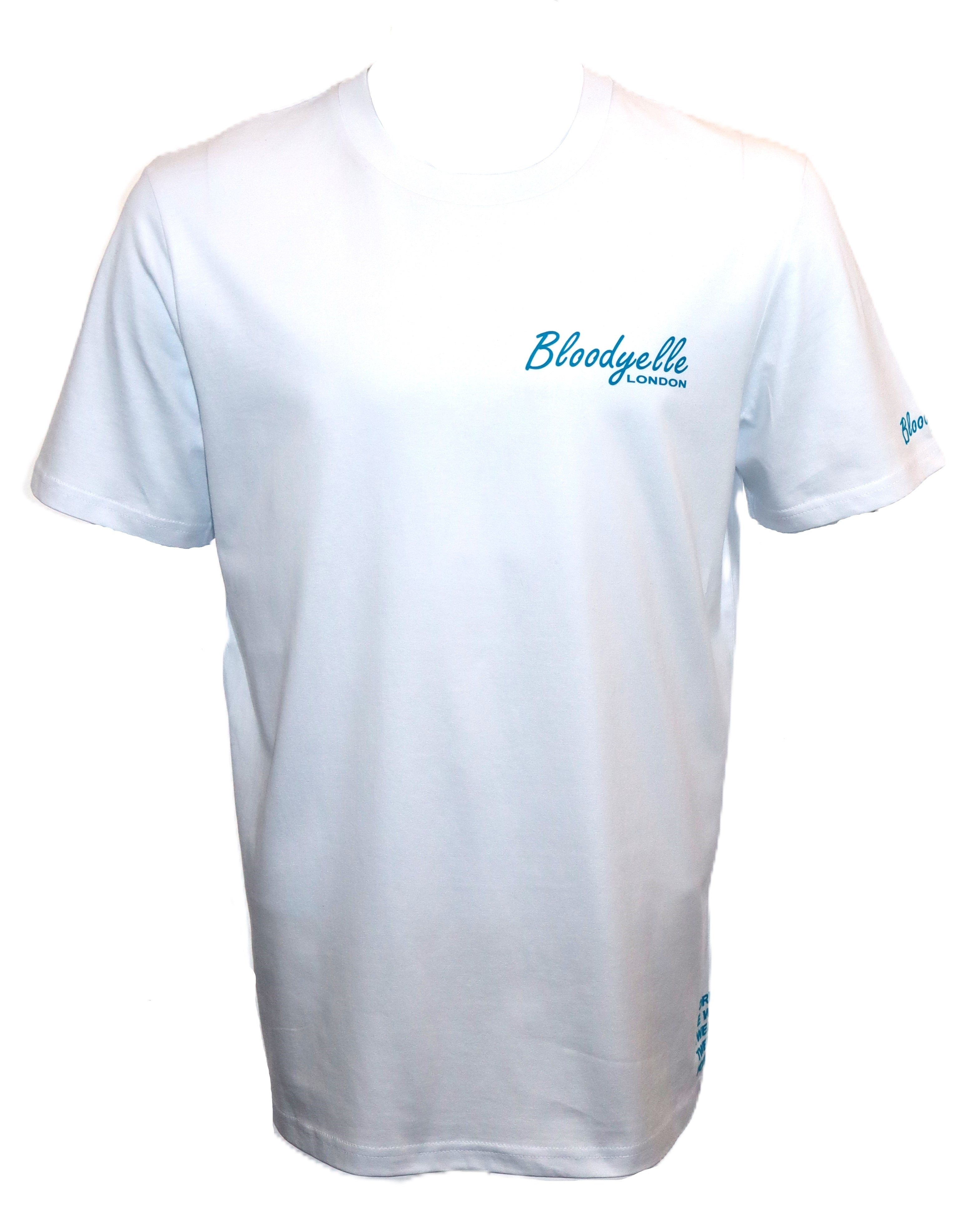 White with Neon Blue Flock "Bloodyelle Signature" T-Shirt