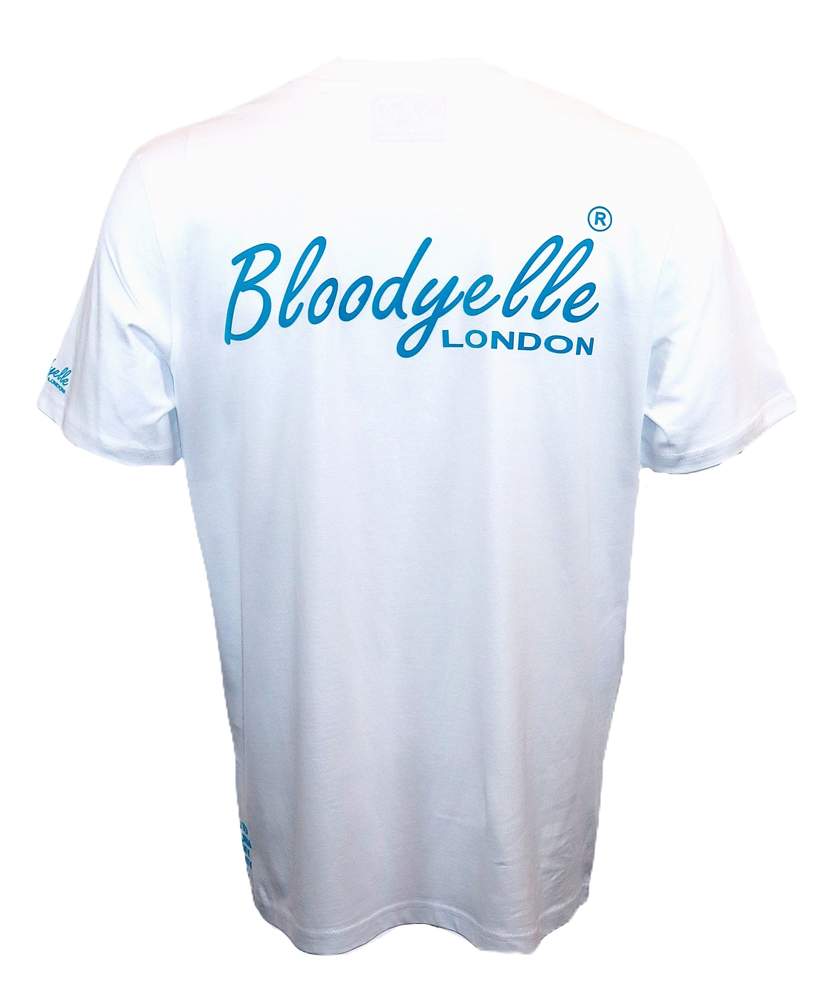 White with Neon Blue Flock "Bloodyelle Signature" T-Shirt