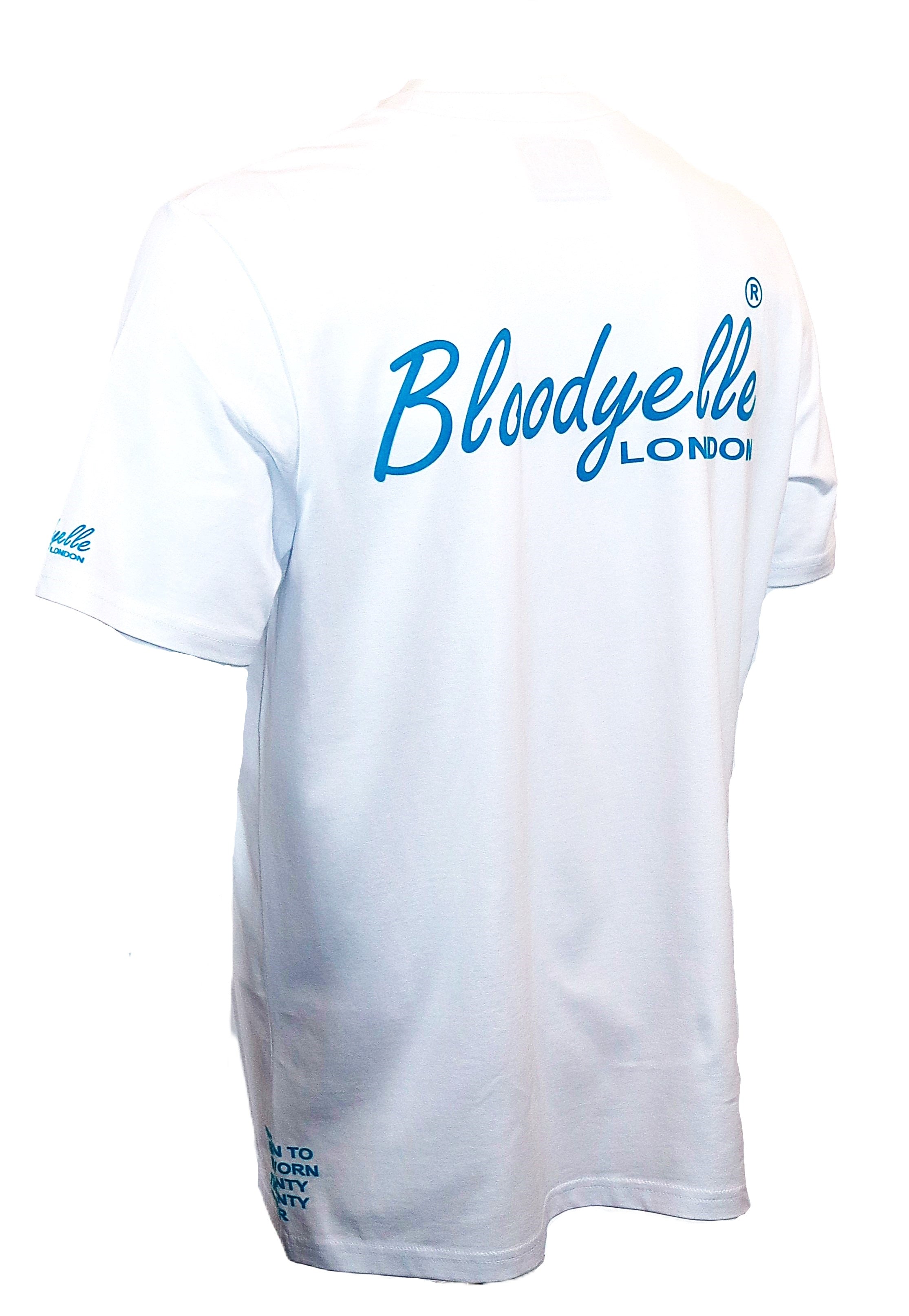 White with Neon Blue Flock "Bloodyelle Signature" T-Shirt