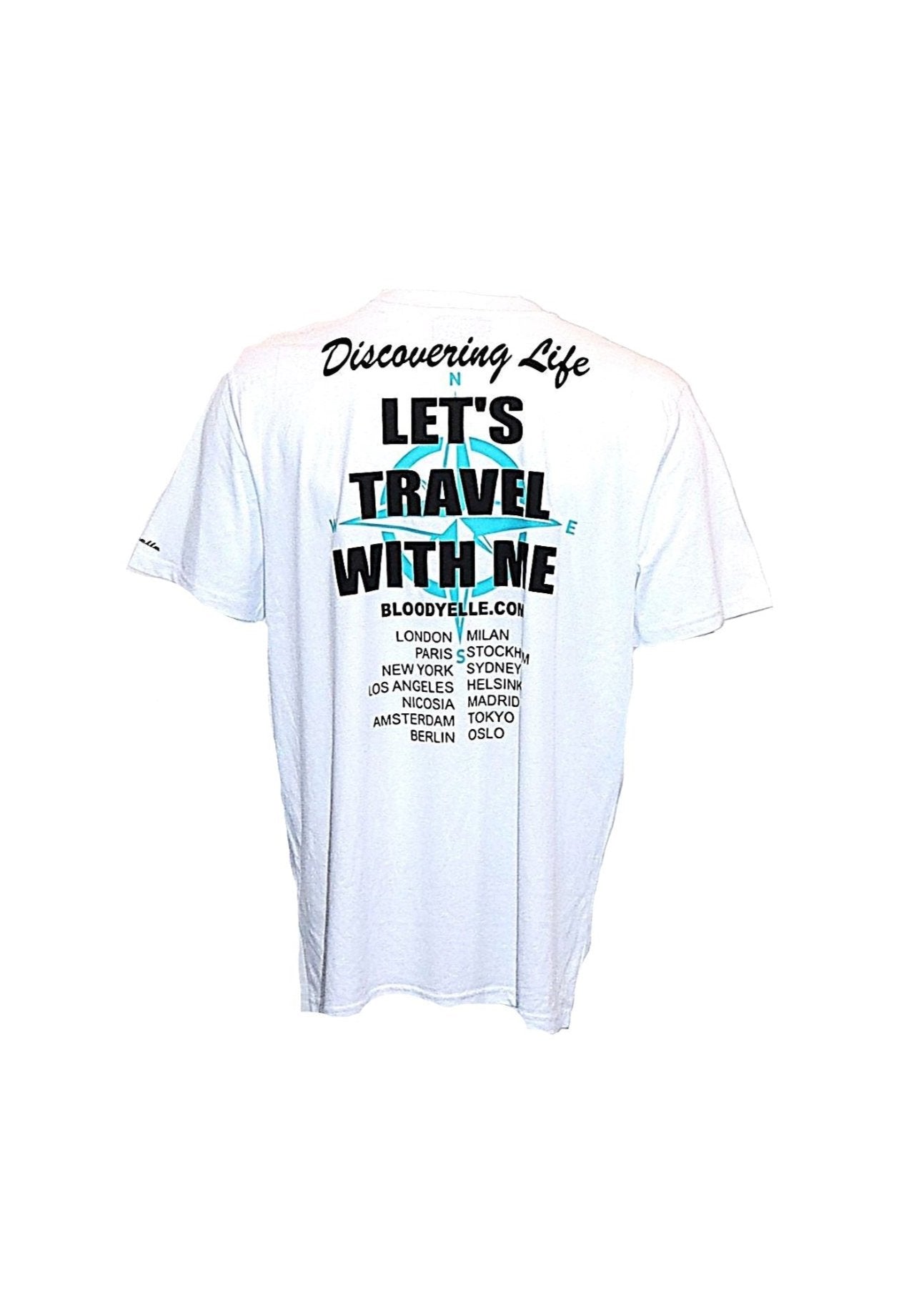 Discovering Life -Bloodyelle White T-Shirt with Black and Tiffany Blue Logo