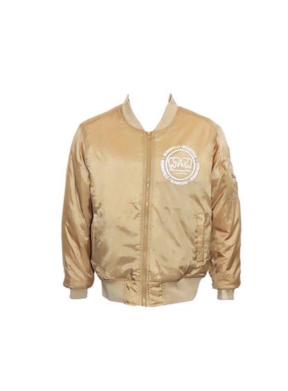 Beige Infinity Bomber Jacket with Pale Gold Metallic Emblem