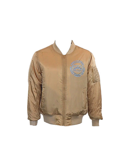 Beige Infinity Jacket with our Metallic Blue Emblem