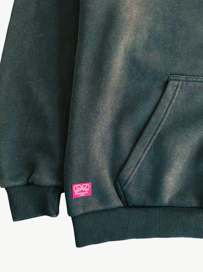 Dark green sweatshirt with a pink logo on a white background