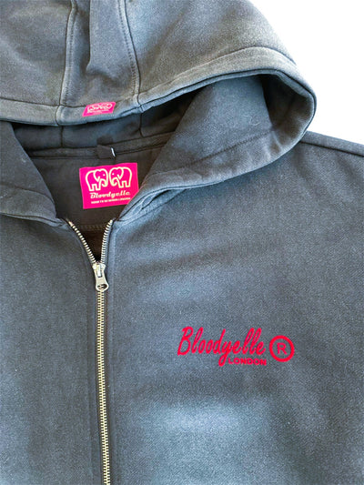 Premium Heavyweight Washed Black and Red Flock Hoodie