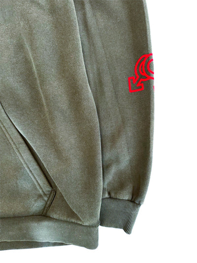 Premium Heavyweight Washed Black and Red Flock Hoodie