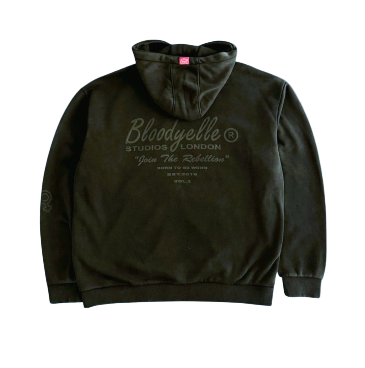 Black hoodie with 'Bloodyelle Studios London' text on a white background