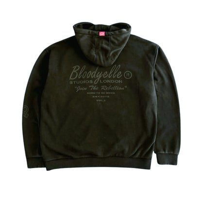 Black hoodie with 'Bloodyelle Studios London' text on a white background