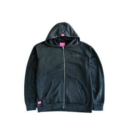 Black hoodie with pink accents on a white background