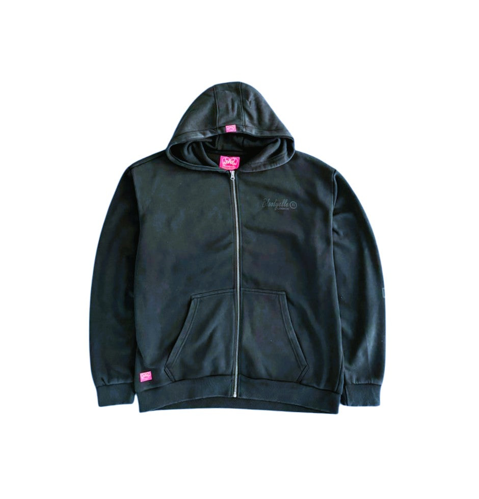 Black hoodie with pink accents on a white background