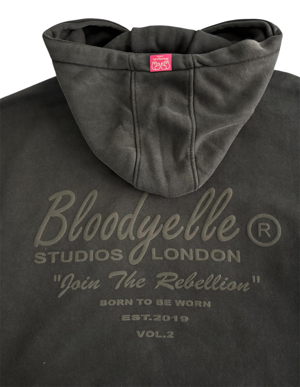 Black hoodie with 'Bloodyelle Studios London' branding and text on the chest.