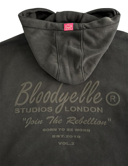 Black hoodie with 'Bloodyelle Studios London' branding and text on the chest.