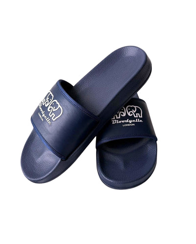 Pair of navy blue slides with a brand logo on a white background