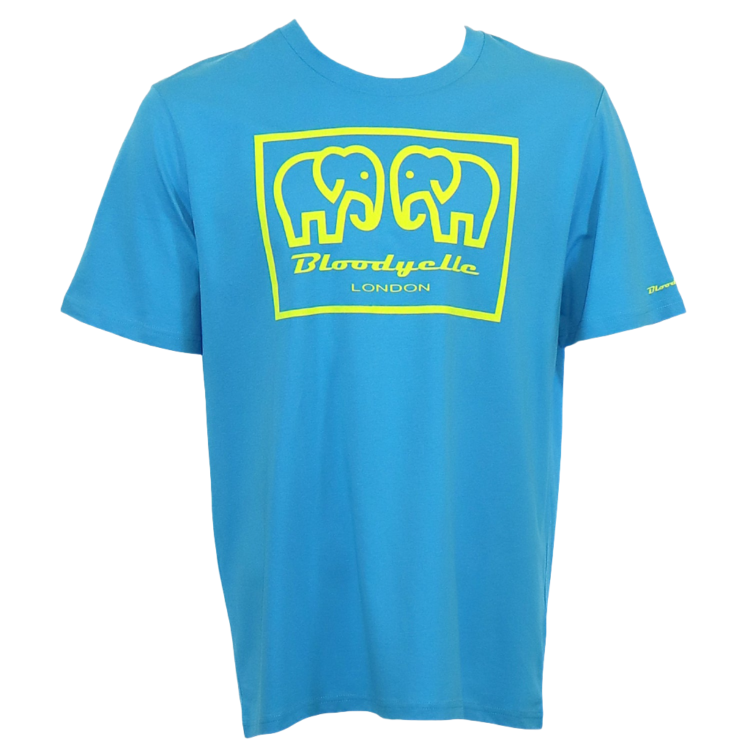 Elephant Box Outline Aqua Blue with Neon Yellow Flock Logo T-Shirt