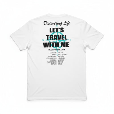 Discovering Life -Bloodyelle White T-Shirt with Black and Tiffany Blue Logo