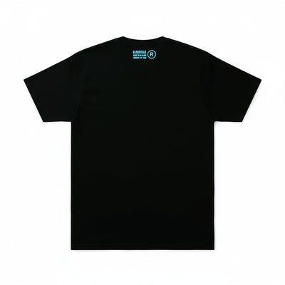 Elephant Box Outline Black with Neon Blue Flock Logo T-Shirt