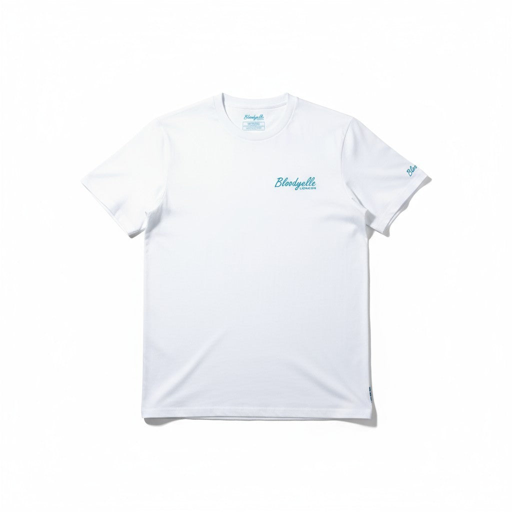 White with Neon Blue Flock Bloodyelle Signature T-Shirt