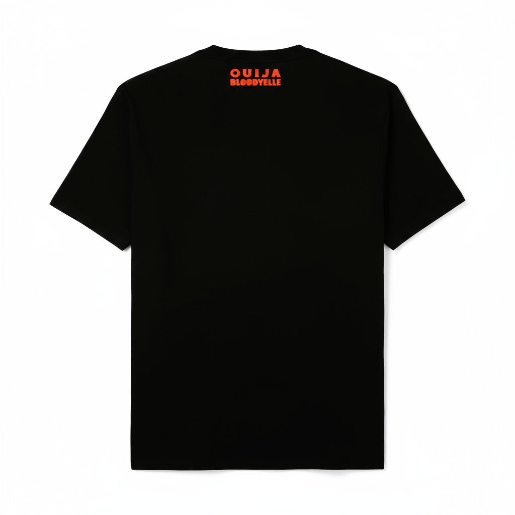 Black t-shirt with 'Ouija Bloodyville' text on the back against a white background