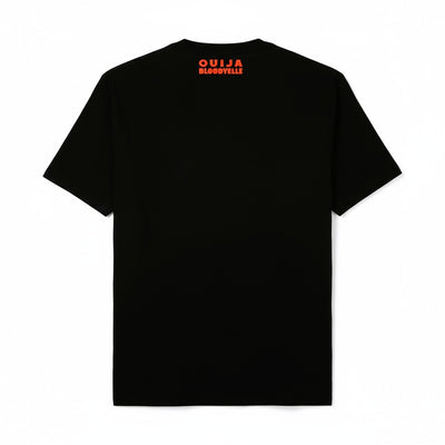 Black t-shirt with 'Ouija Bloodyville' text on the back against a white background