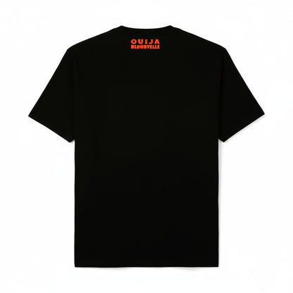 Black t-shirt with 'Ouija Bloodyville' text on the back against a white background