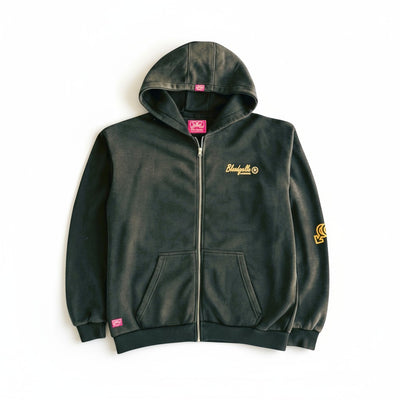 Premium Heavyweight Washes Black and Gold Flock Hoodie