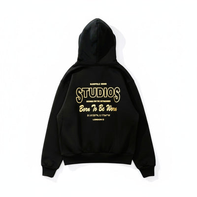 Black & Gold Puff Print Hoodie – Premium Oversized Streetwear