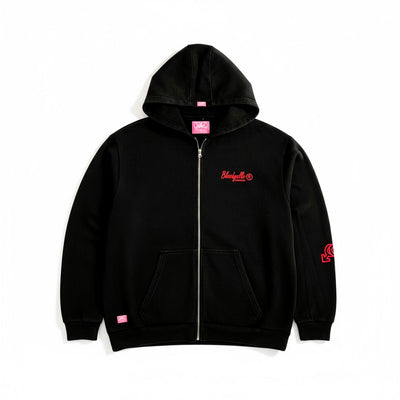 Premium Heavyweight Washed Black and Red Flock Hoodie