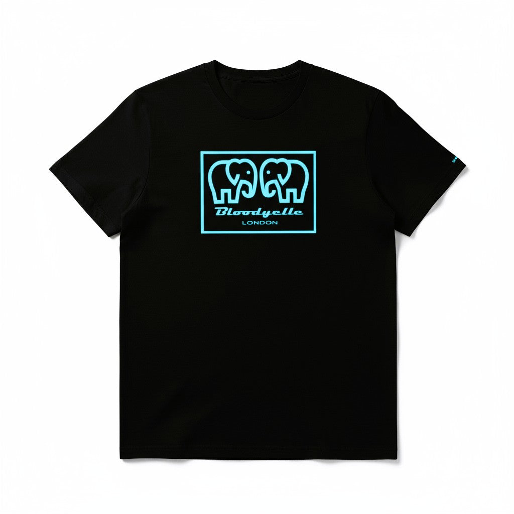 Elephant Box Outline Black with Neon Blue Flock Logo T-Shirt