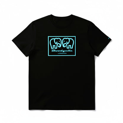 Elephant Box Outline Black with Neon Blue Flock Logo T-Shirt