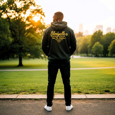 Premium Heavyweight Washes Black and Gold Flock Hoodie