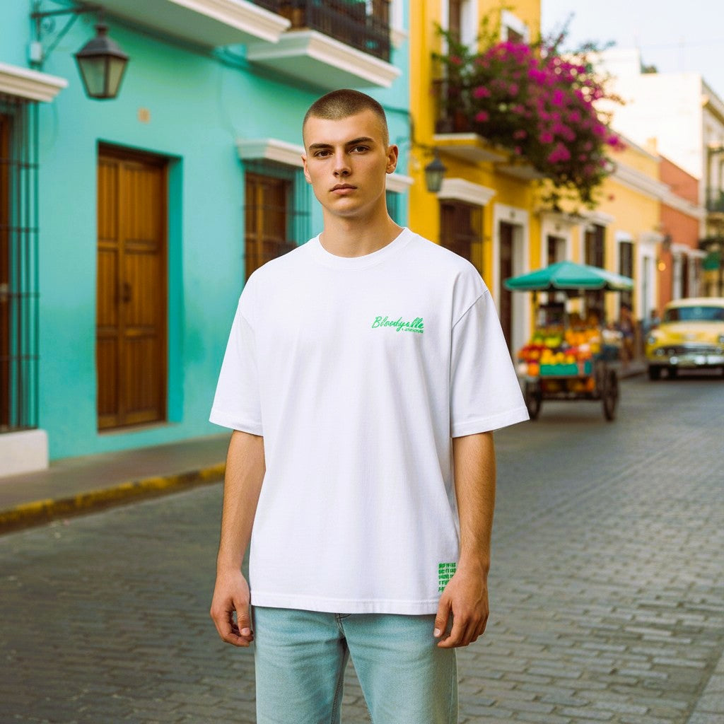 White and Neon Green Flock Bloodyelle Signature T-Shirt